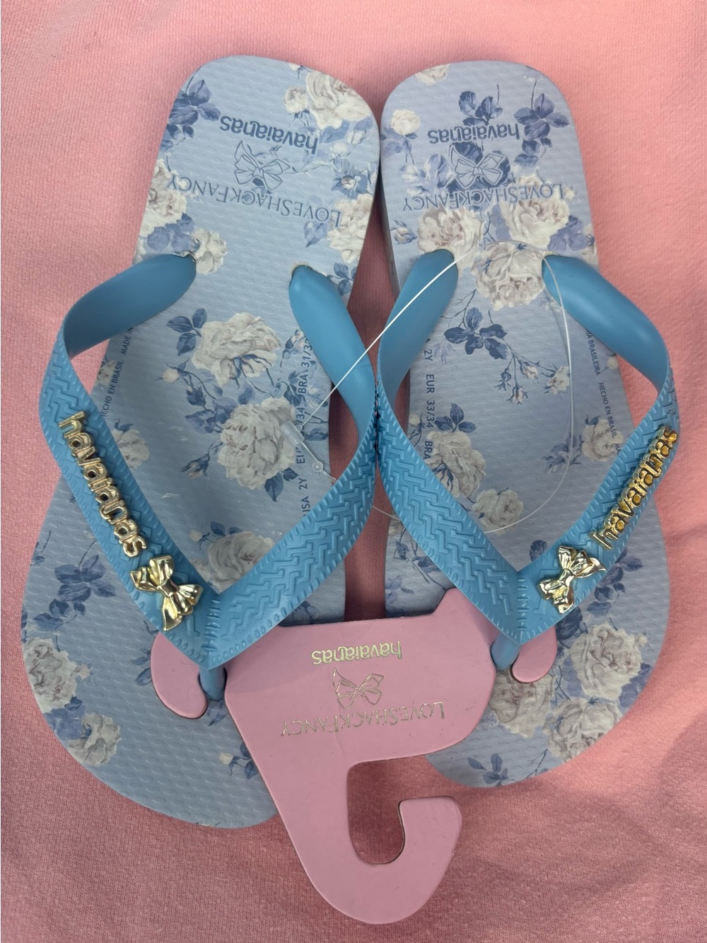 NWT Love Shack Fancy Girls Havaianas Blue Floral Flip Flops Size 2y